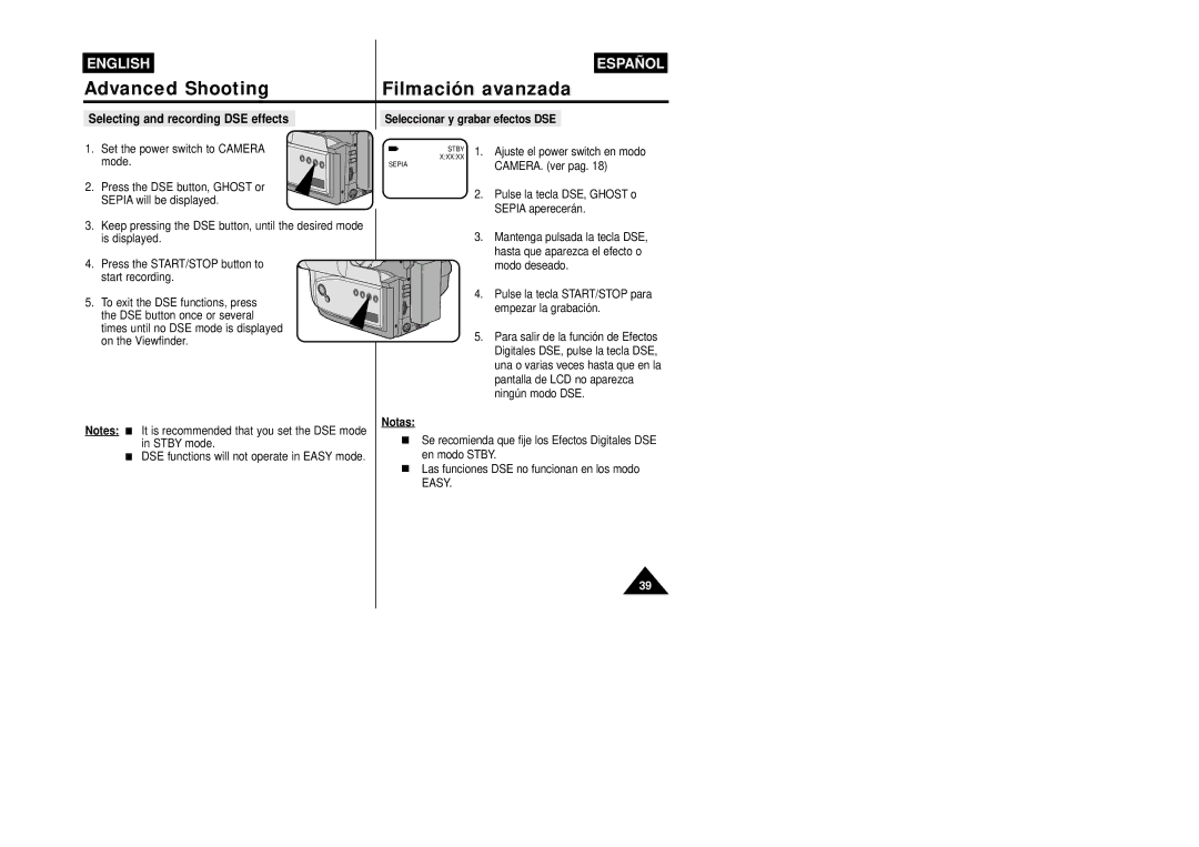 Samsung VP-W87/XEV, VP-W87/SEO manual Selecting and recording DSE effects, Seleccionar y grabar efectos DSE 