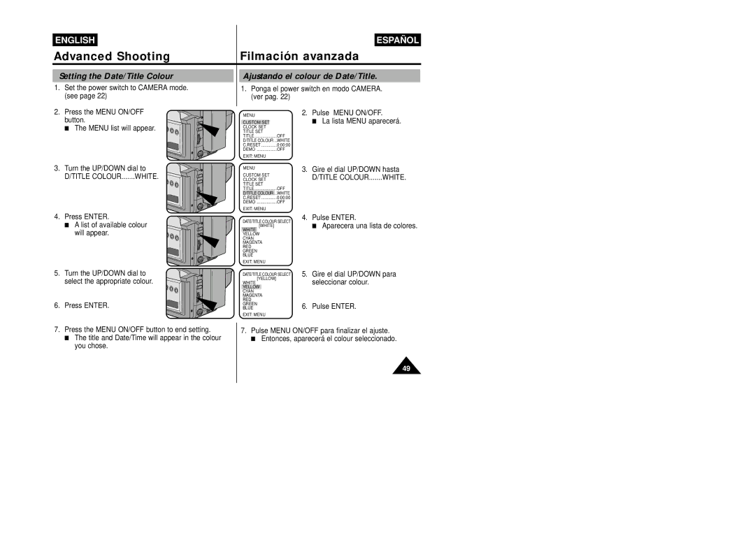 Samsung VP-W87/XEV, VP-W87/SEO manual Setting the Date/Title Colour, Ajustando el colour de Date/Title 