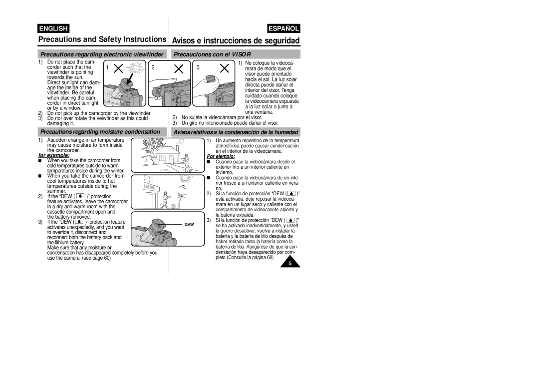 Samsung VP-W87/XEV, VP-W87/SEO manual Directa puede dañar el, Interior del visor. Tenga, La luz solar o junto a, Una ventana 