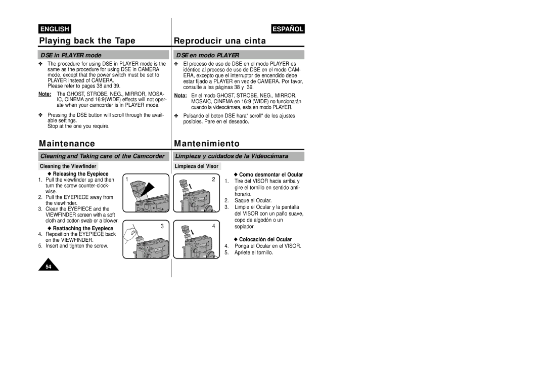 Samsung VP-W87/SEO MaintenanceMantenimiento, Cleaning the Viewfinder Releasing the Eyepiece, Reattaching the Eyepiece 