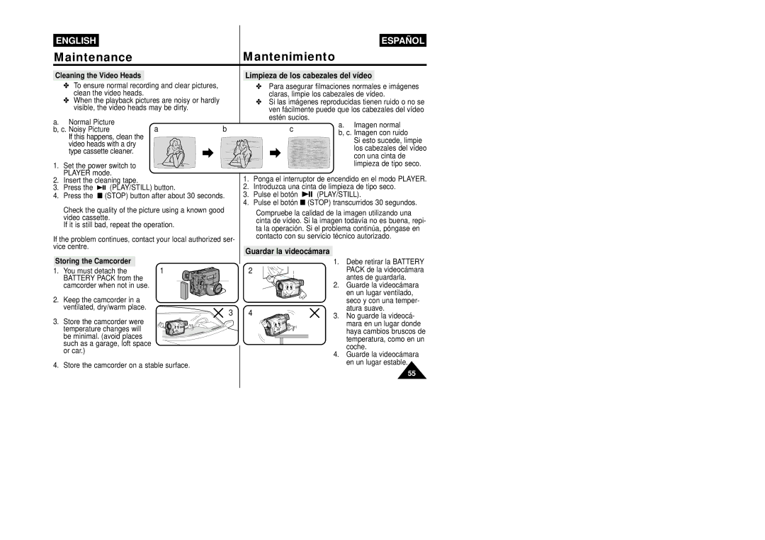 Samsung VP-W87/XEV, VP-W87/SEO manual Limpieza de los cabezales del vídeo, Guardar la videocámara, Cleaning the Video Heads 