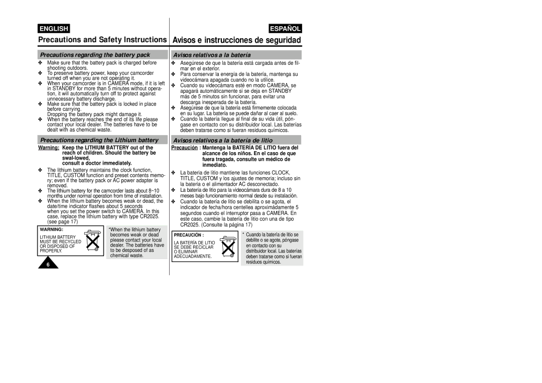 Samsung VP-W87/SEO Precautions regarding the battery pack, Avisos relativos a la batería, Consult a doctor immediately 