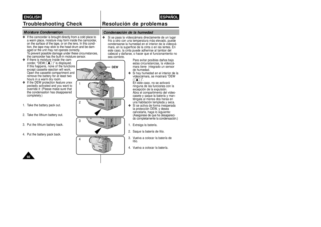 Samsung VP-W87/SEO, VP-W87/XEV manual Moisture Condensation, Condensación de la humedad, Dew 