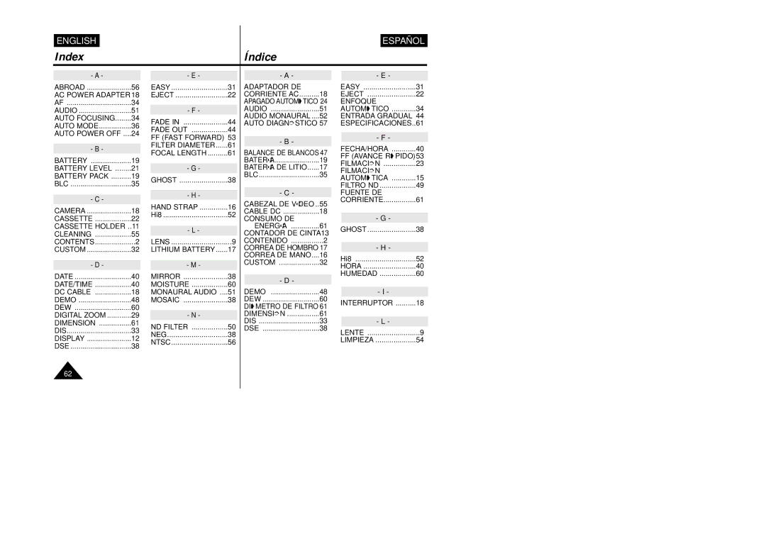 Samsung VP-W87/SEO, VP-W87/XEV manual Index 