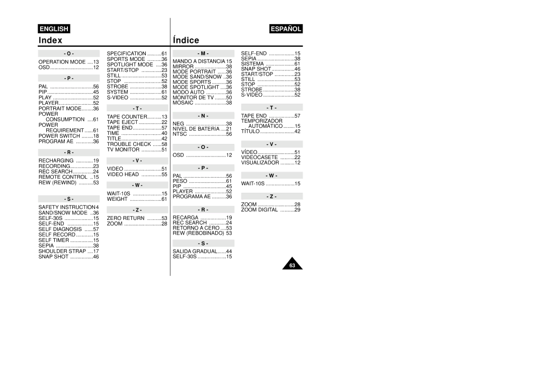 Samsung VP-W87/XEV, VP-W87/SEO manual IndexÍndice 