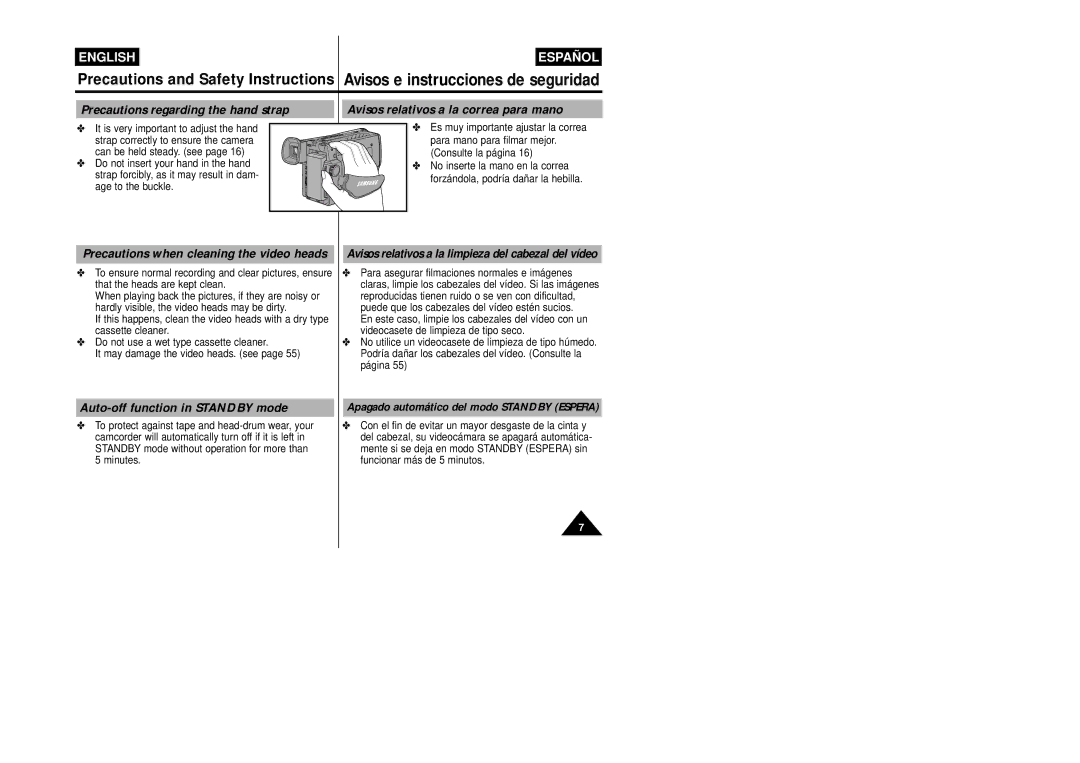 Samsung VP-W87/XEV, VP-W87/SEO manual Precautions regarding the hand strap, Avisos relativos a la correa para mano 