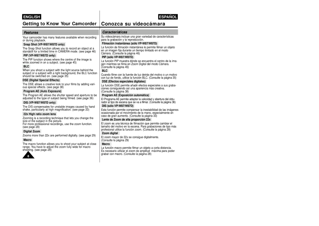 Samsung VP-W87/SEO, VP-W87/XEV manual Features, Características, Blc 