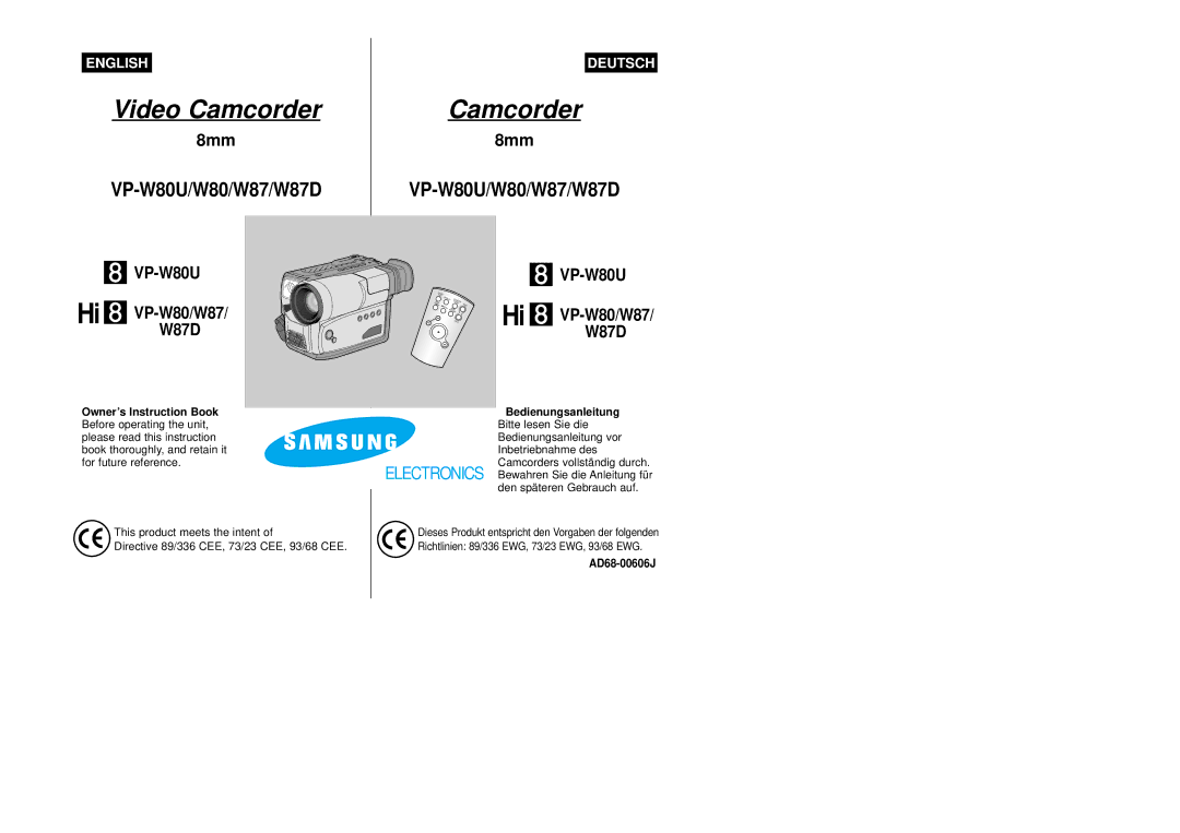 Samsung VP-W87/XEV, VP-W87/SEO manual Camcorder, AD68-00606J 