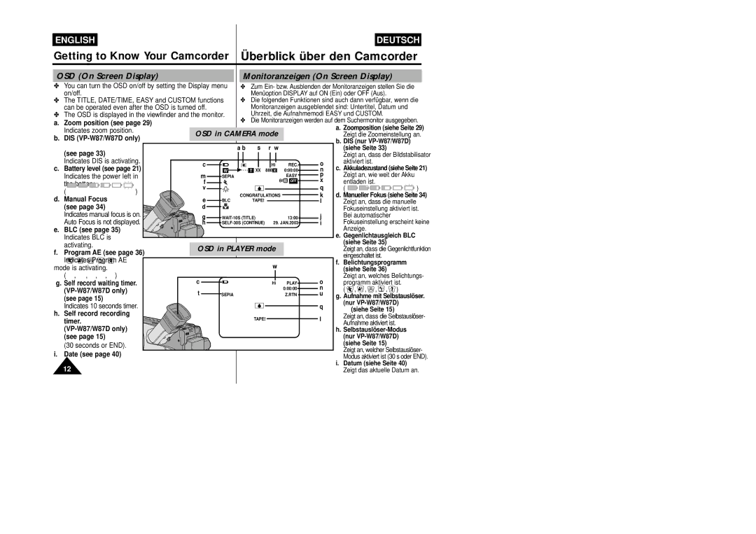 Samsung VP-W87/SEO, VP-W87/XEV manual OSD On Screen Display, Monitoranzeigen On Screen Display 