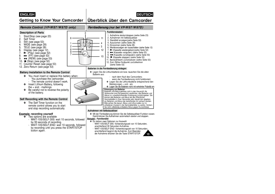 Samsung VP-W87/XEV manual Description of Parts, Battery Installation to the Remote Control, Example recording yourself 