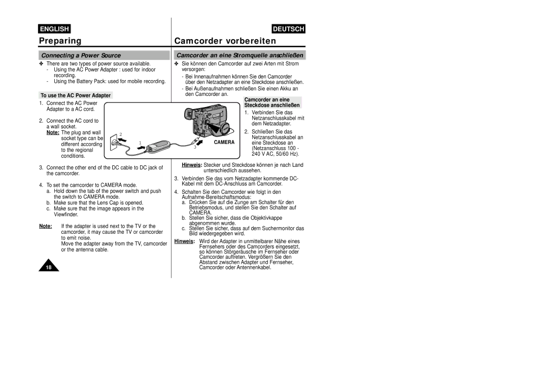 Samsung VP-W87/SEO manual Connecting a Power Source, Camcorder an eine Stromquelle anschließen, To use the AC Power Adapter 