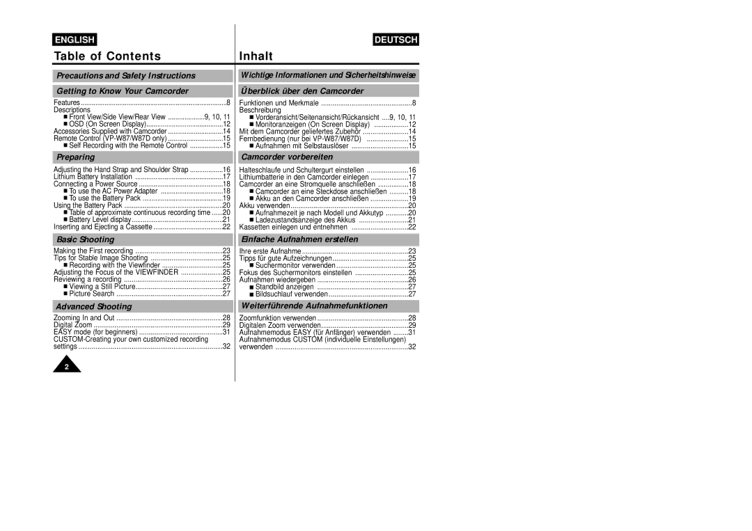 Samsung VP-W87/SEO, VP-W87/XEV manual Table of Contents Inhalt 