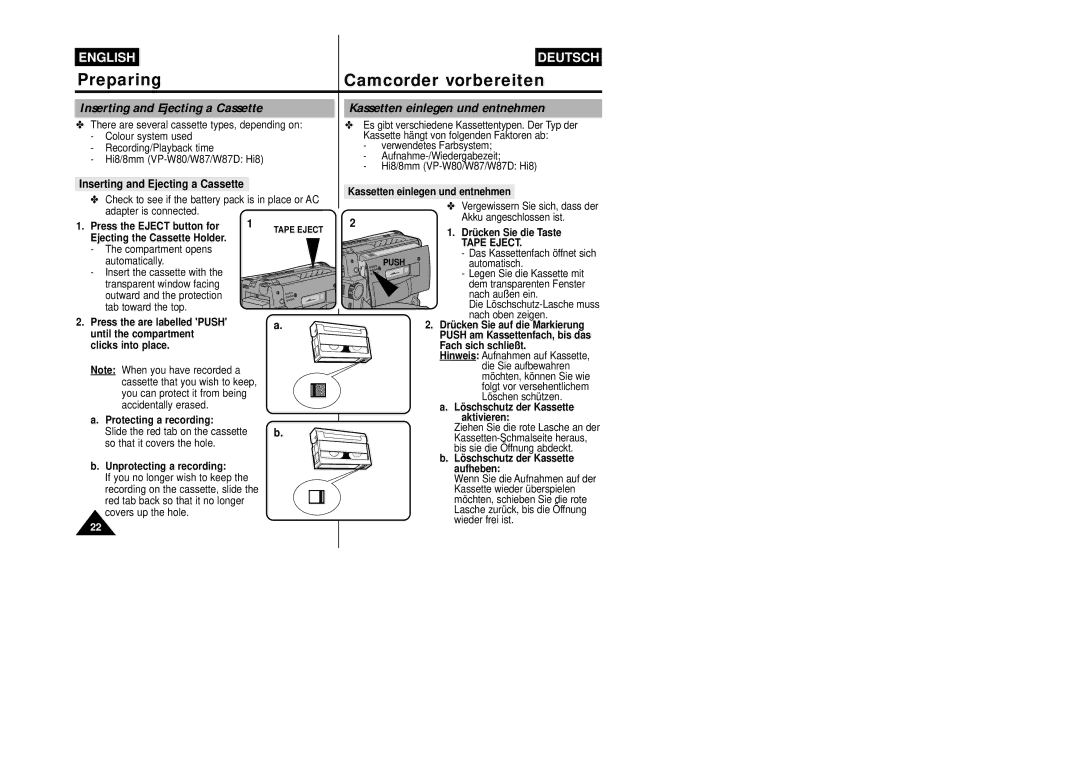 Samsung VP-W87/SEO, VP-W87/XEV manual Inserting and Ejecting a Cassette, Kassetten einlegen und entnehmen, Tape Eject 