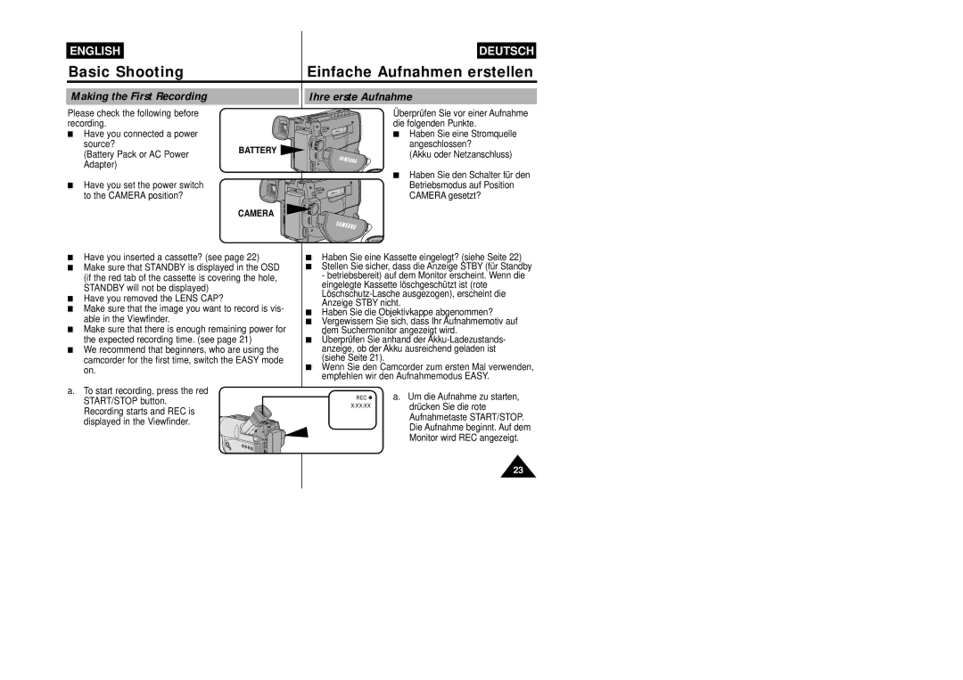 Samsung VP-W87/XEV manual Basic Shooting Einfache Aufnahmen erstellen, Making the First Recording, Ihre erste Aufnahme 