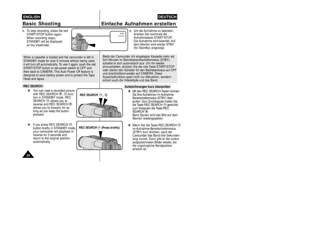 Samsung VP-W87/SEO manual To stop recording, press the red START/STOP button again, REC Search, Tion in Standby mode. REC 