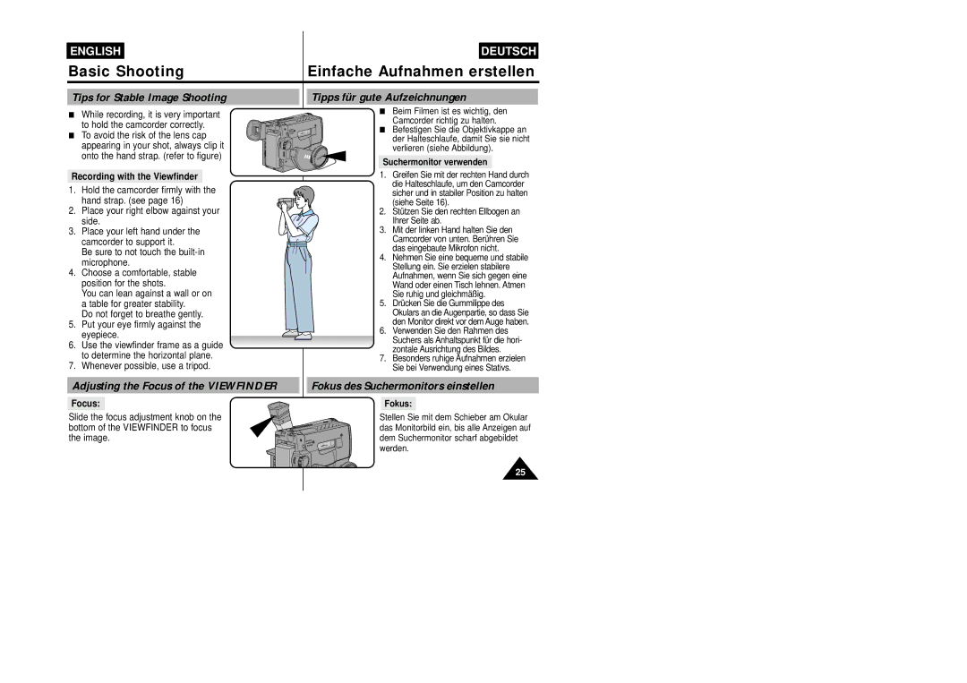 Samsung VP-W87/XEV Tipps für gute Aufzeichnungen, Adjusting the Focus of the Viewfinder, Tips for Stable Image Shooting 