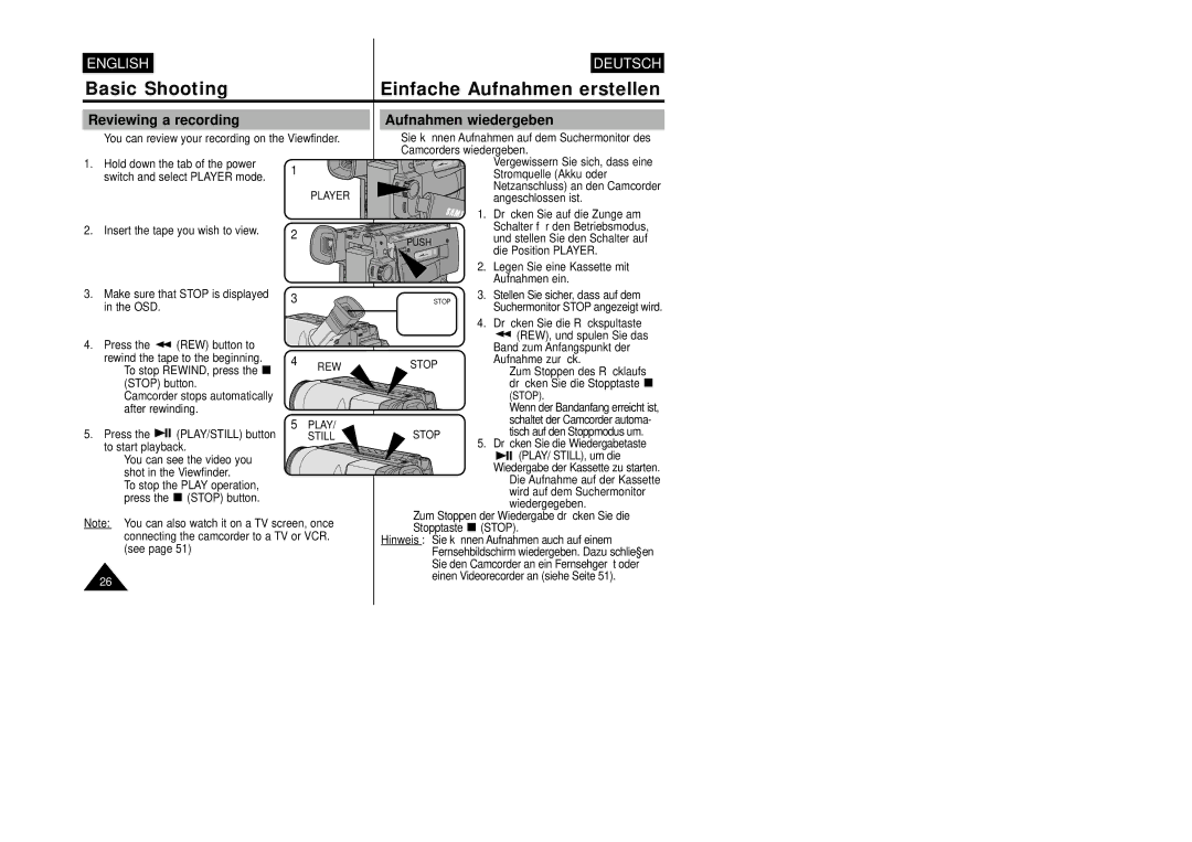 Samsung VP-W87/SEO, VP-W87/XEV manual Reviewing a recording, Stop, Play, Still 