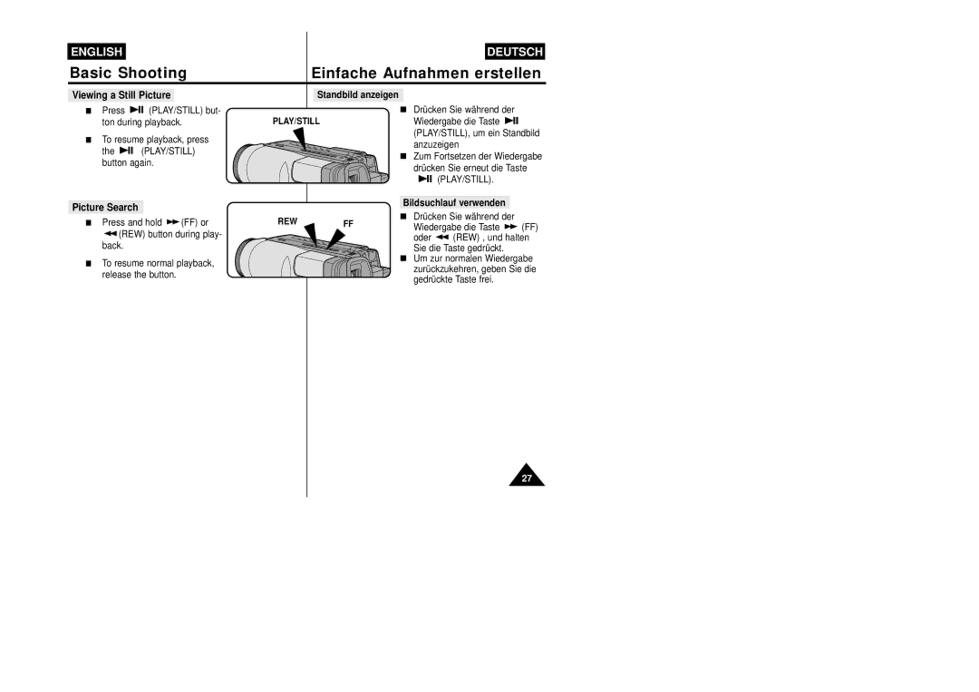 Samsung VP-W87/XEV, VP-W87/SEO manual Viewing a Still Picture, Picture Search, Play/Still, Rew 