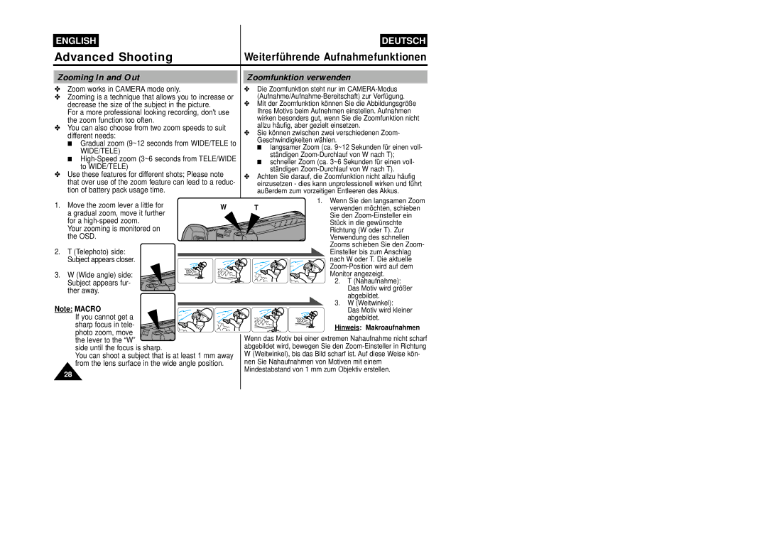 Samsung VP-W87/SEO, VP-W87/XEV manual Advanced Shooting, Hinweis Makroaufnahmen 