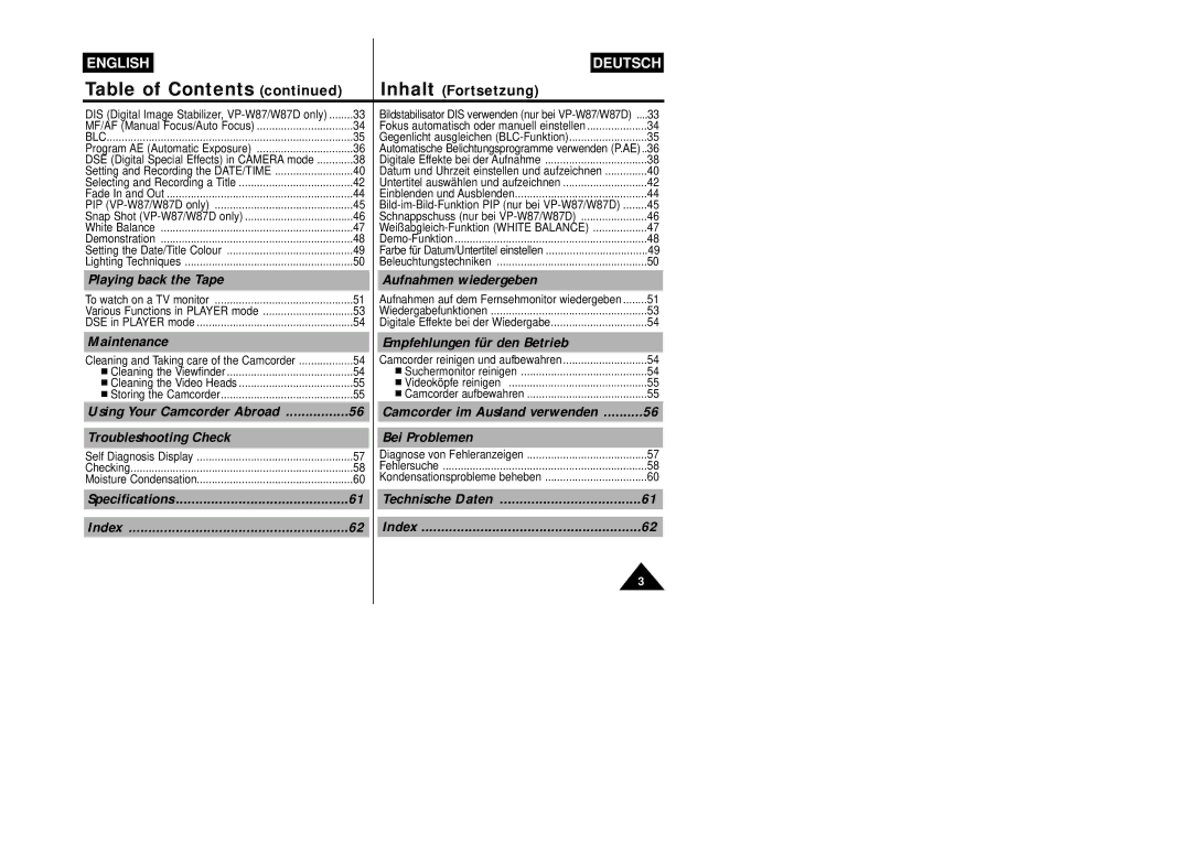 Samsung VP-W87/XEV, VP-W87/SEO manual Table of Contents 