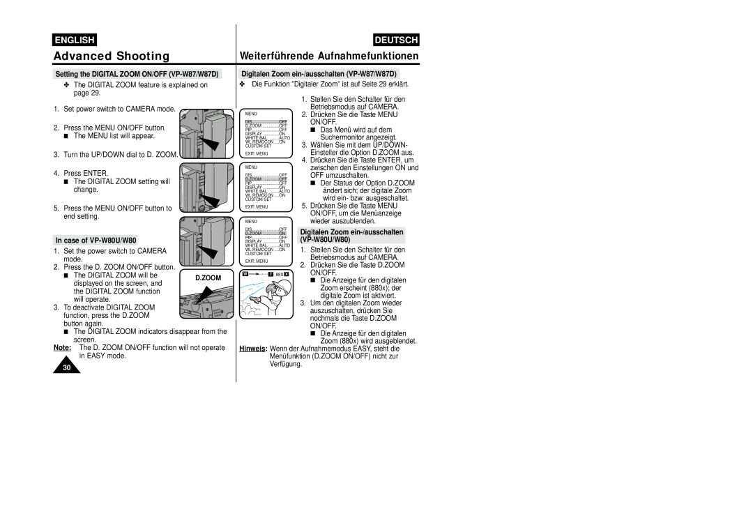 Samsung VP-W87/SEO, VP-W87/XEV Setting the Digital Zoom ON/OFF VP-W87/W87D, Digitalen Zoom ein-/ausschalten VP-W87/W87D 