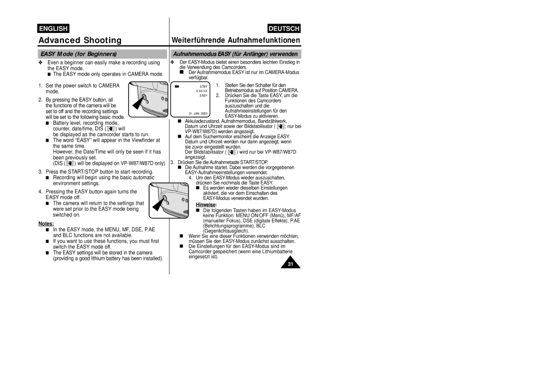 Samsung VP-W87/XEV manual Easy Mode for Beginners, Aufnahmemodus Easy für Anfänger verwenden, EASY-Modus verwendet wurden 