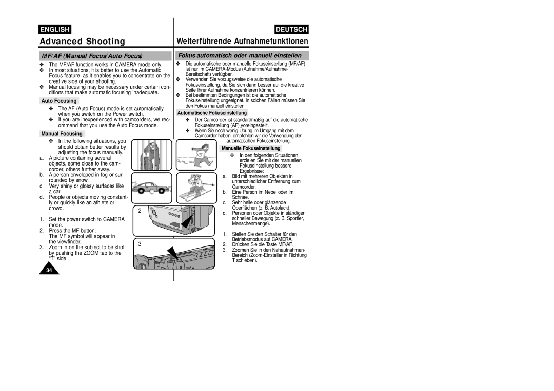 Samsung VP-W87/SEO, VP-W87/XEV manual MF/AF Manual Focus/Auto Focus, Fokus automatisch oder manuell einstellen 