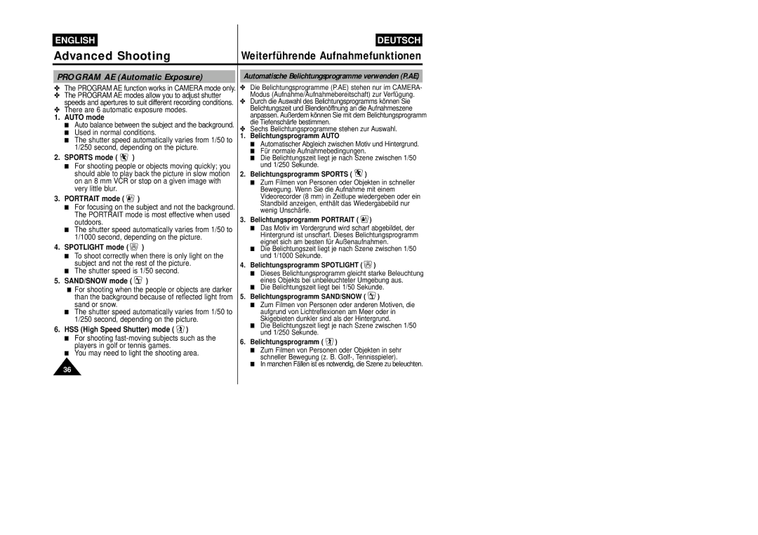 Samsung VP-W87/SEO, VP-W87/XEV manual Program AE Automatic Exposure 