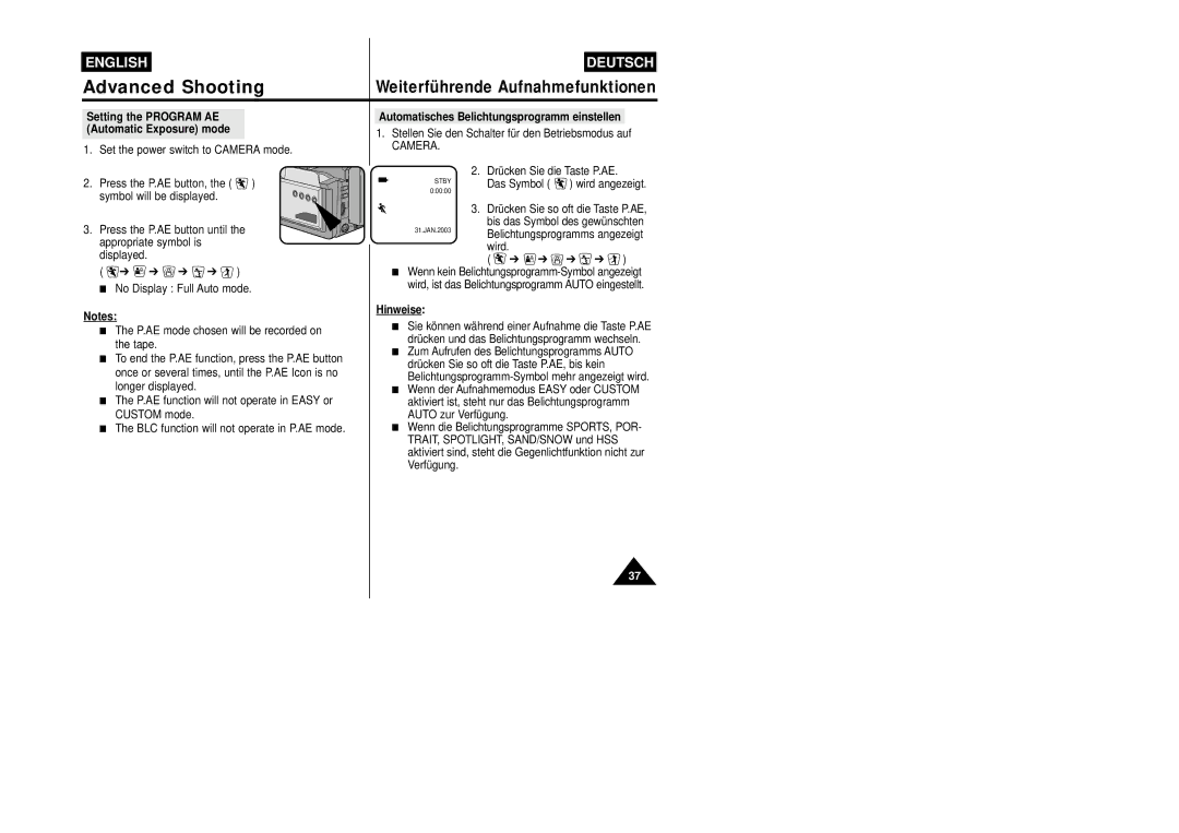 Samsung VP-W87/XEV manual Setting the Program AE Automatic Exposure mode, Automatisches Belichtungsprogramm einstellen 