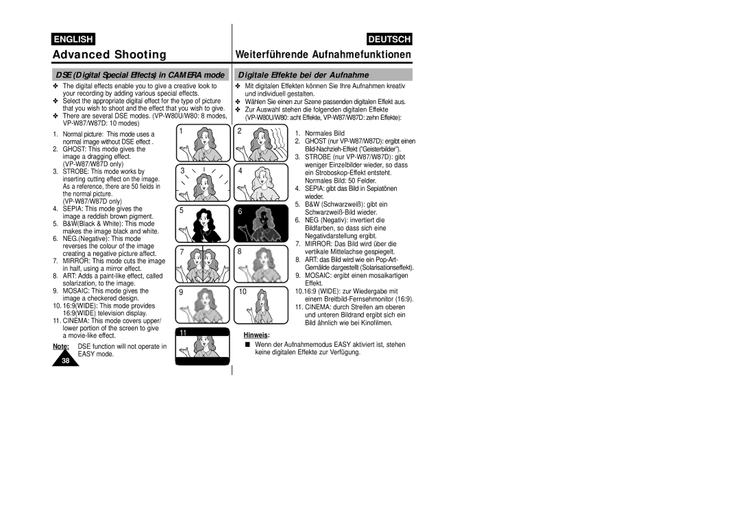 Samsung VP-W87/SEO, VP-W87/XEV manual Digitale Effekte bei der Aufnahme, DSE Digital Special Effects in Camera mode 