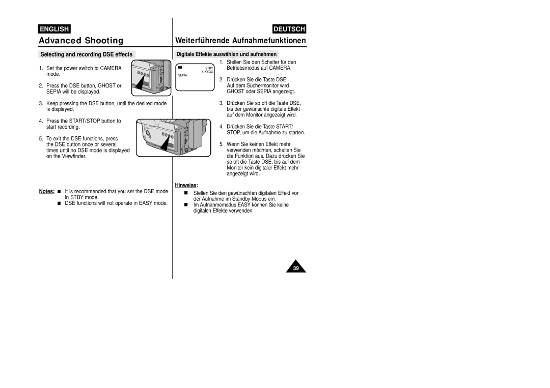 Samsung VP-W87/XEV, VP-W87/SEO manual Selecting and recording DSE effects, Digitale Effekte auswählen und aufnehmen 