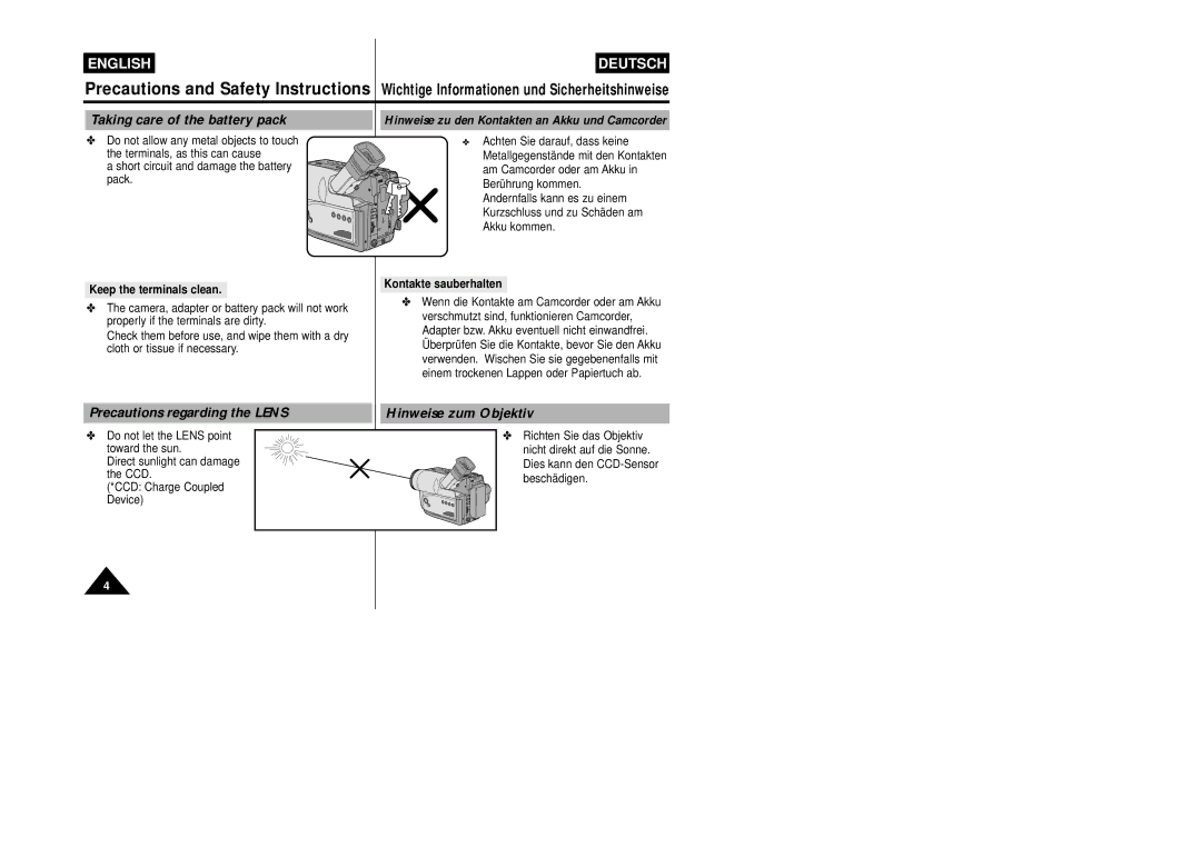 Samsung VP-W87/SEO, VP-W87/XEV manual Taking care of the battery pack, Precautions regarding the Lens, Hinweise zum Objektiv 