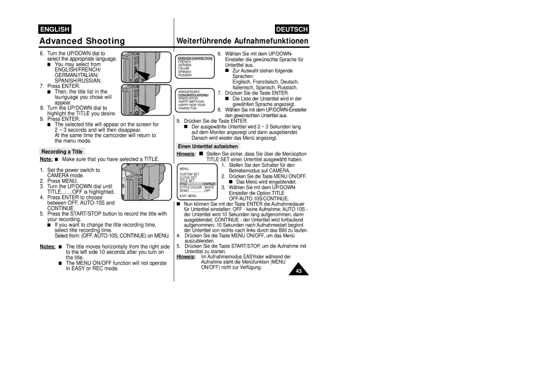 Samsung VP-W87/XEV, VP-W87/SEO manual Recording a Title, Einen Untertitel aufzeichen 