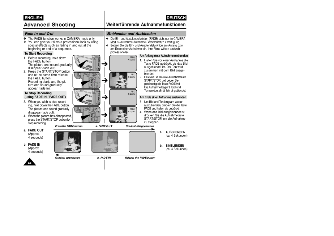 Samsung VP-W87/SEO, VP-W87/XEV manual Fade In and Out Einblenden und Ausblenden 