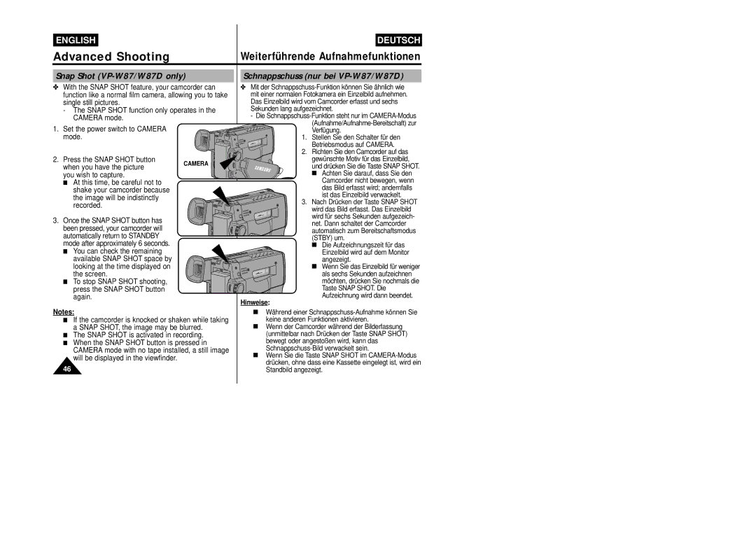 Samsung VP-W87/SEO, VP-W87/XEV manual Snap Shot VP-W87/W87D only, Schnappschuss nur bei VP-W87/W87D 