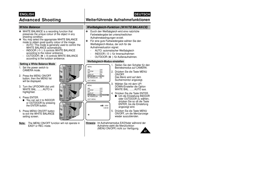 Samsung VP-W87/XEV Weißabgleich-Funktion White Balance, Weißabgleich-Modus einstellen Setting a White Balance Mode 