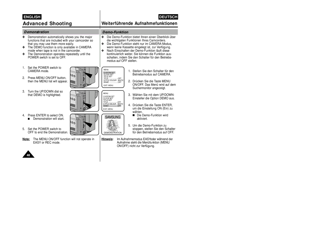 Samsung VP-W87/SEO, VP-W87/XEV manual Demonstration, Demo-Funktion 