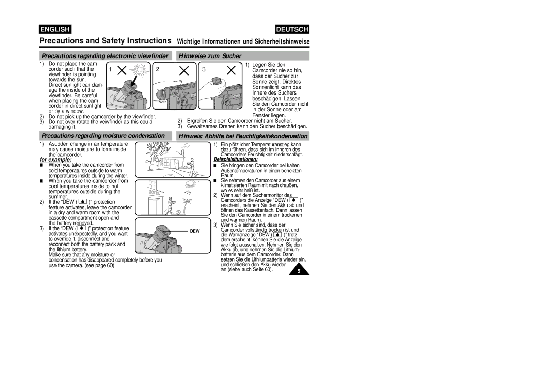 Samsung VP-W87/XEV, VP-W87/SEO Hinweis Abhilfe bei Feuchtigkeitskondensation, Precautions regarding moisture condensation 