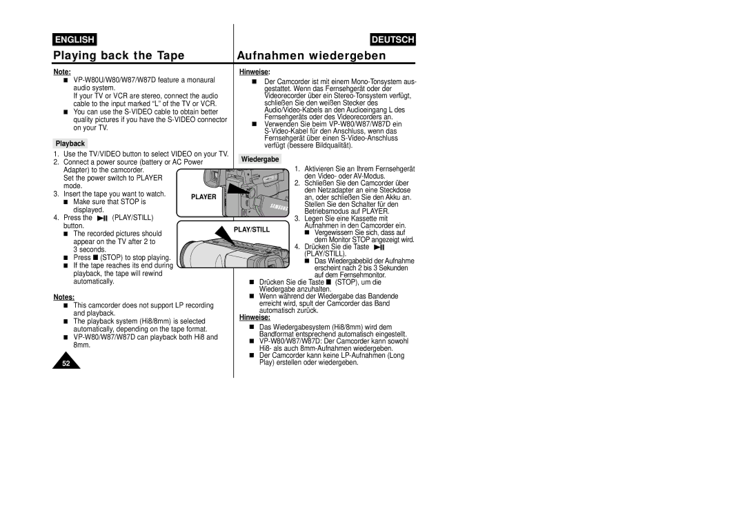 Samsung VP-W87/SEO, VP-W87/XEV manual Playback, Wiedergabe 