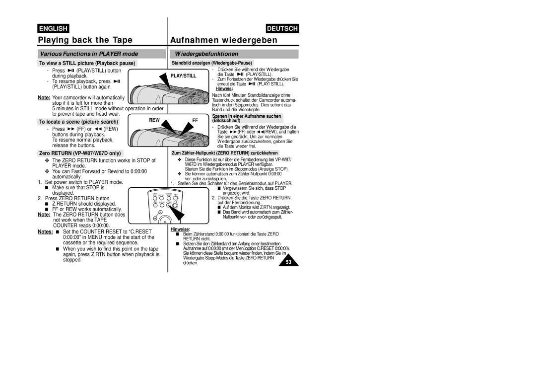 Samsung VP-W87/XEV manual Various Functions in Player mode, Wiedergabefunktionen, To view a Still picture Playback pause 