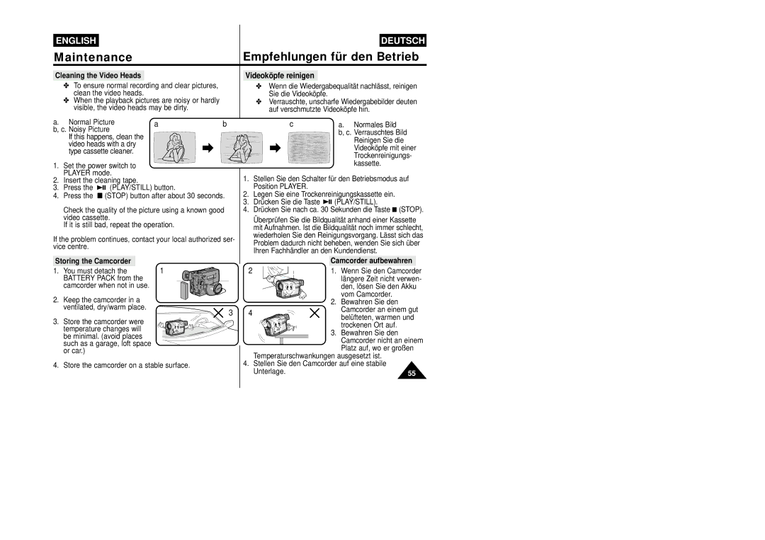 Samsung VP-W87/XEV, VP-W87/SEO Maintenance Empfehlungen für den Betrieb, Videoköpfe reinigen, Cleaning the Video Heads 