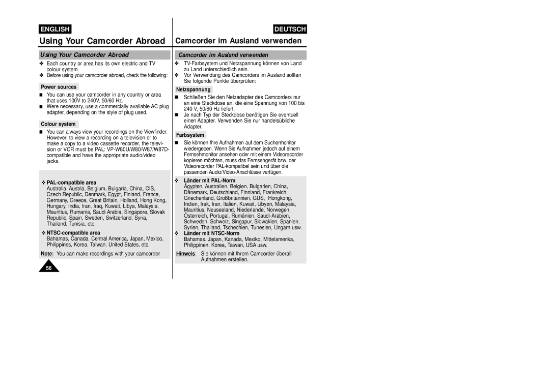 Samsung VP-W87/SEO, VP-W87/XEV manual Using Your Camcorder Abroad, Camcorder im Ausland verwenden 