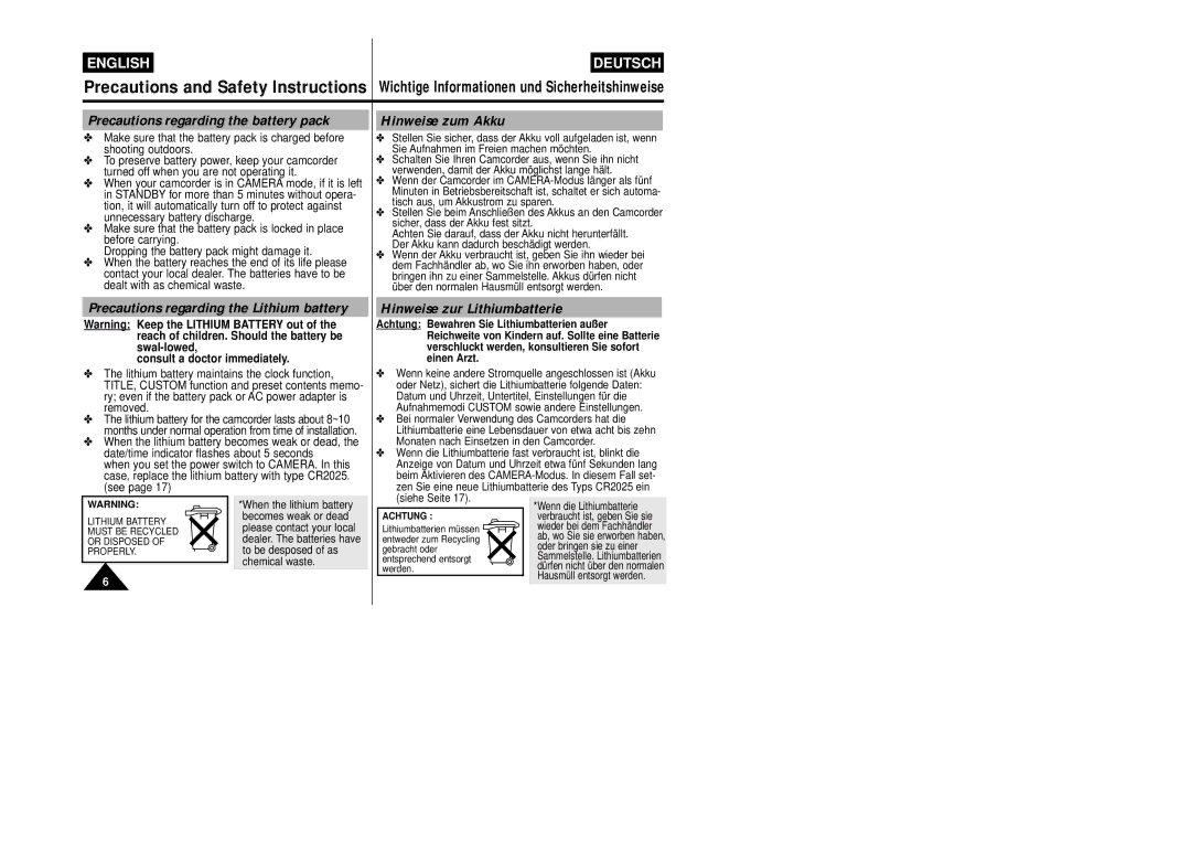 Samsung VP-W87/SEO Precautions regarding the battery pack, Hinweise zum Akku, Precautions regarding the Lithium battery 