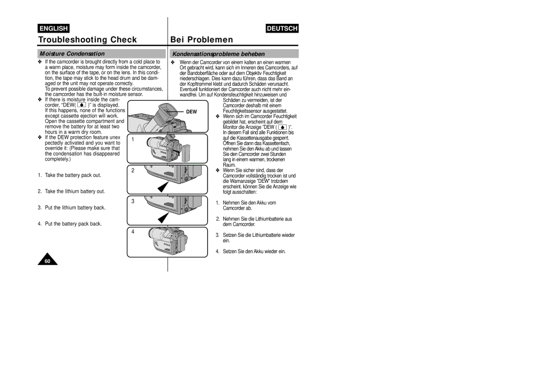 Samsung VP-W87/SEO, VP-W87/XEV manual Moisture Condensation, Kondensationsprobleme beheben, Dew 