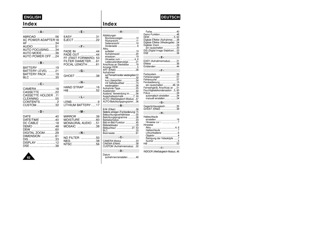 Samsung VP-W87/SEO, VP-W87/XEV manual IndexIndex 