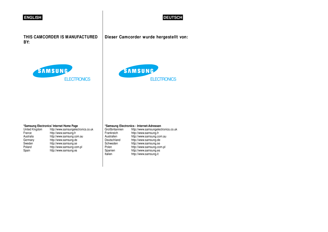 Samsung VP-W87/SEO, VP-W87/XEV manual Samsung Electronics Internet-Adressen 