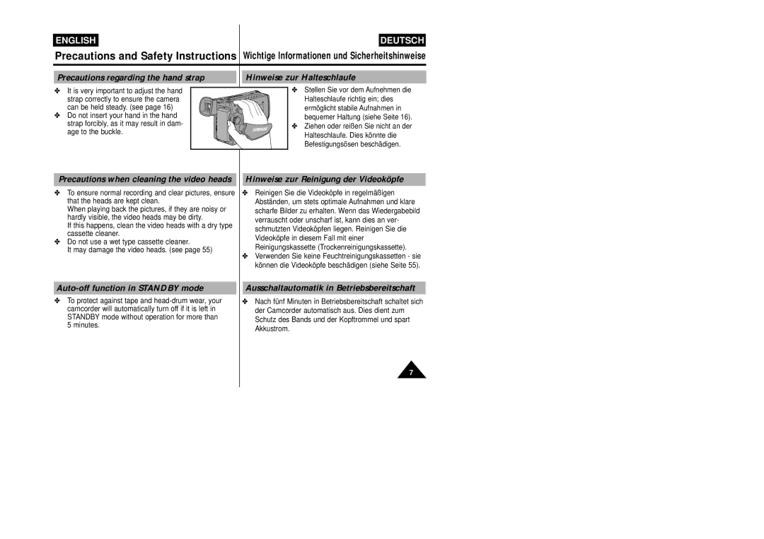 Samsung VP-W87/XEV Precautions regarding the hand strap, Hinweise zur Halteschlaufe, Hinweise zur Reinigung der Videoköpfe 