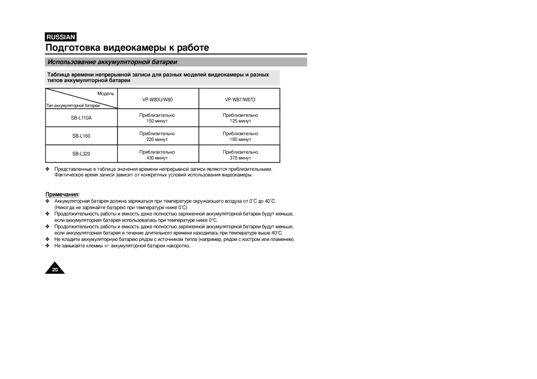 Samsung VP-W87/SEO, VP-W87/XEV manual ËÏÂ˜‡ÌËﬂ, ÇÂ Á‡Ï˚Í‡ÈÚÂ ÍÎÂÏÏ˚ +/- ‡ÍÍÛÏÛÎﬂÚÓÌÓÈ ·‡Ú‡ÂË Ì‡ÍÓÓÚÍÓ 