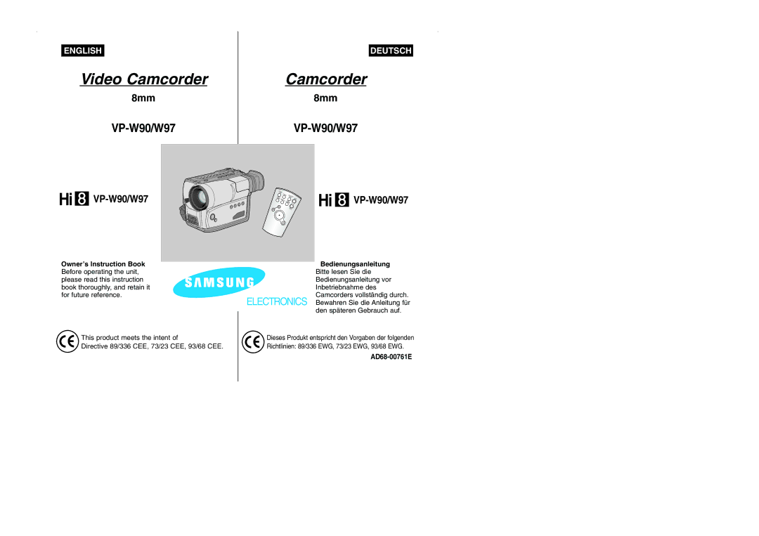 Samsung VP-W90/W97 manual Owner’s Instruction Book Bedienungsanleitung, Den späteren Gebrauch auf, AD68-00761E 