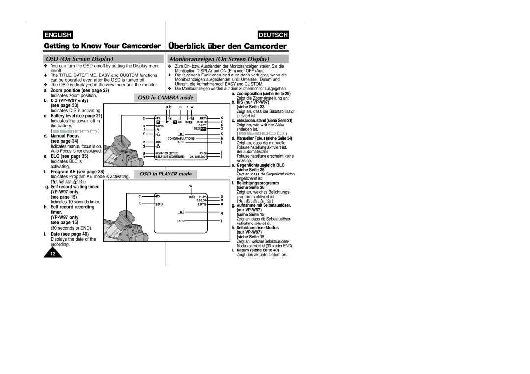 Samsung VP-W90/W97 manual OSD On Screen Display, Monitoranzeigen On Screen Display 